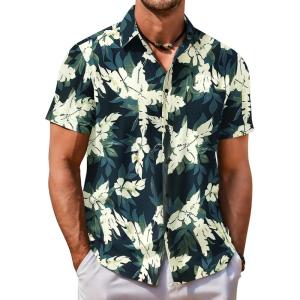 imageCOOFANDY Mens Hawaiian Shirt Short Sleeve Button Down Shirt Tropical Summer Beach ShirtLeafgreen  White