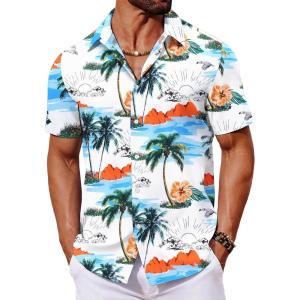imageCOOFANDY Mens Hawaiian Shirt Short Sleeve Button Down Shirts Tropical Floral Summer Beach ShirtsWhite  Coconut Tree