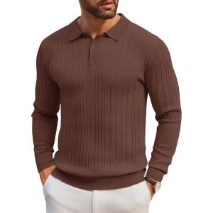 imageCOOFANDY Mens Knit Polo Shirts Long Sleeve Casual Button Down Ribbed Polo Shirt Fashion Golf ShirtsBrown