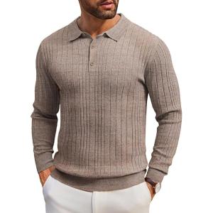 imageCOOFANDY Mens Knit Polo Shirts Long Sleeve Casual Button Down Ribbed Polo Shirt Fashion Golf ShirtsFantasy Brown