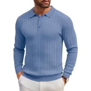 imageCOOFANDY Mens Knit Polo Shirts Long Sleeve Casual Button Down Ribbed Polo Shirt Fashion Golf ShirtsLight Blue
