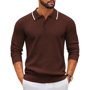 imageCOOFANDY Mens Knit Polo Sweater Casual Long Sleeve Polo Sweater Lightweight Button Down Golf Pullover SweatersBrown