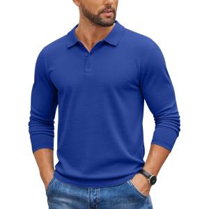 imageCOOFANDY Mens Knit Polo Sweater Long Sleeve Casual Golf Polo Lightweight Dress Button Collar Pullover SweatersRoyal Blue