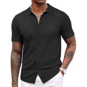 imageCOOFANDY Mens Knit Shirts Short Sleeve Button Down Polo Shirt Crochet Casual Vintage Summer Beach ShirtsBlack