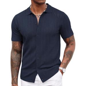 imageCOOFANDY Mens Knit Shirts Short Sleeve Button Down Polo Shirt Crochet Casual Vintage Summer Beach ShirtsDark Navy Blue