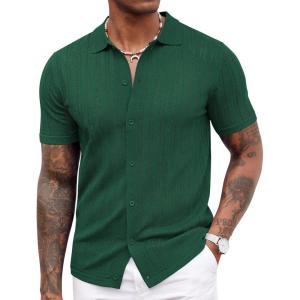 imageCOOFANDY Mens Knit Shirts Short Sleeve Button Down Polo Shirt Crochet Casual Vintage Summer Beach ShirtsGreen