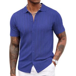 imageCOOFANDY Mens Knit Shirts Short Sleeve Button Down Polo Shirt Crochet Casual Vintage Summer Beach ShirtsRoyal Blue