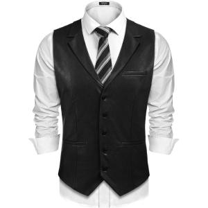 imageCOOFANDY Mens Leather Suit Vest Slim Fit Casual Western Vest Jacket Lightweight VNeck Dress WaistcoatsBlack