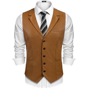 imageCOOFANDY Mens Leather Suit Vest Slim Fit Casual Western Vest Jacket Lightweight VNeck Dress WaistcoatsLight Brown