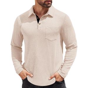 imageCOOFANDY Mens Long Sleeve Polo Shirt Casual Dress Button Polo T Shirt with Pocket Basic Lightweight Collared Golf ShirtApricot