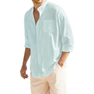 imageCOOFANDY Mens Oxford Shirts Long Sleeve Casual Button Down Shirts Band Collar Dress Shirt with Pocket1green Striped