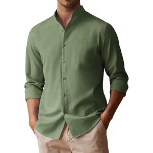 imageCOOFANDY Mens Oxford Shirts Long Sleeve Casual Button Down Shirts Band Collar Dress Shirt with PocketArmy Green