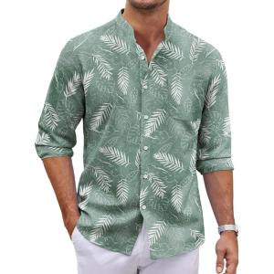 imageCOOFANDY Mens Oxford Shirts Long Sleeve Casual Button Down Shirts Band Collar Dress Shirt with PocketPalm Leaf Green
