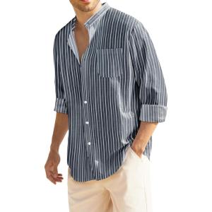 imageCOOFANDY Mens Oxford Shirts Long Sleeve Casual Button Down Shirts Band Collar Dress Shirt with PocketThin White Stripes