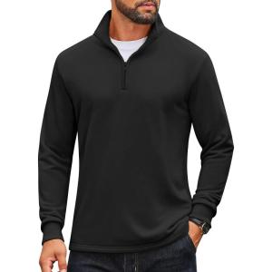 imageCOOFANDY Mens Quarter Zip Pullover Sweatshirt Mock Neck Quilted Sweatshirt Lightweight Casual Long Sleeve Polo ShirtBlack