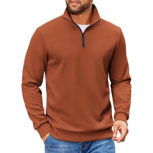 imageCOOFANDY Mens Quarter Zip Pullover Sweatshirts Lightweight Long Sleeve Mock Neck Sweater PoloCaramel