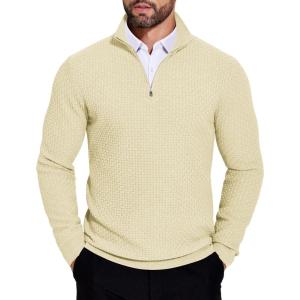imageCOOFANDY Mens Quarter Zip Sweaters Slim Fit Lightweight Knitted Mock Neck Pullover Casual Polo SweatersBeige