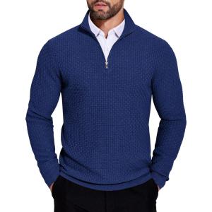 imageCOOFANDY Mens Quarter Zip Sweaters Slim Fit Lightweight Knitted Mock Neck Pullover Casual Polo SweatersDark Blue