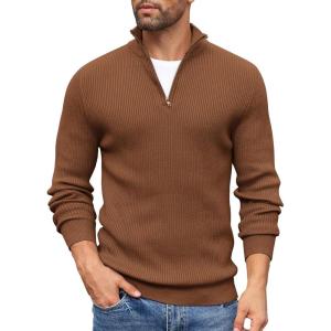 imageCOOFANDY Mens Quarter Zip Sweaters Slim Fit Mock Neck Pullover Sweaters Lightweight Knitted Polo SweaterBrown