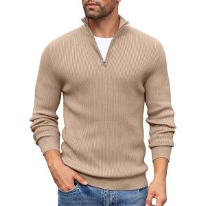imageCOOFANDY Mens Quarter Zip Sweaters Slim Fit Mock Neck Pullover Sweaters Lightweight Knitted Polo SweaterKhaki