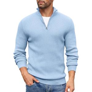 imageCOOFANDY Mens Quarter Zip Sweaters Slim Fit Mock Neck Pullover Sweaters Lightweight Knitted Polo SweaterLight Blue