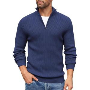 imageCOOFANDY Mens Quarter Zip Sweaters Slim Fit Mock Neck Pullover Sweaters Lightweight Knitted Polo SweaterNavy Blue