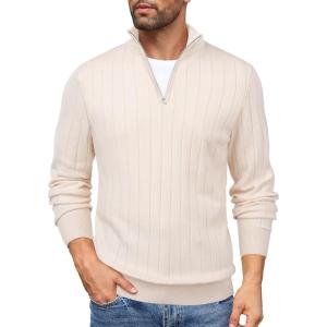 imageCOOFANDY Mens Quarter Zip Sweaters Slim Fit Mock Neck Pullover Sweaters Lightweight Knitted Polo SweaterOffwhite