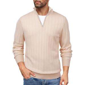 imageCOOFANDY Mens Quarter Zip Sweaters Slim Fit Mock Neck Pullover Sweaters Lightweight Knitted Polo SweaterRibbed Beige