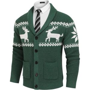 imageCOOFANDY Mens Shawl Collar Cardigan Sweater Slim Fit Cable Knit Button up Sweater with PocketsChristmas GreenWhite