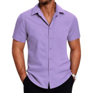 imageCOOFANDY Mens Short Sleeve Button Down Shirt Lightweight Wrinkle Free Untucked Dress ShirtsLight Purple