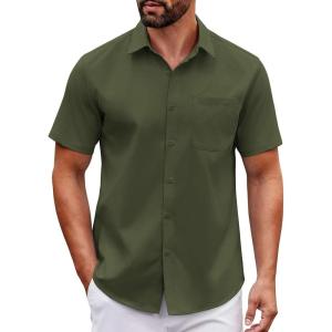 imageCOOFANDY Mens Short Sleeve Button Down Shirts Casual Dress Shirt Untucked Shirts with PocketArmy Green