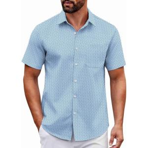 imageCOOFANDY Mens Short Sleeve Button Down Shirts Casual Dress Shirt Untucked Shirts with PocketBlue Patterned