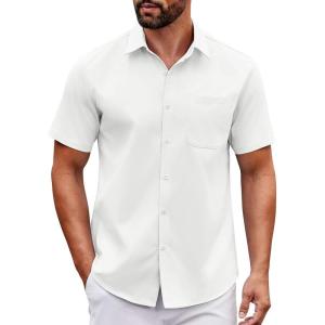 imageCOOFANDY Mens Short Sleeve Button Down Shirts Casual Dress Shirt Untucked Shirts with PocketWhite