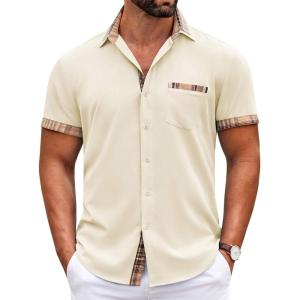 imageCOOFANDY Mens Short Sleeve Button Down Shirts Casual Wrinkle Free Dress Shirt Plaid Collar Summer ShirtsBeige
