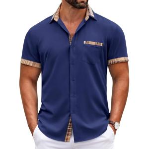 imageCOOFANDY Mens Short Sleeve Button Down Shirts Casual Wrinkle Free Dress Shirt Plaid Collar Summer ShirtsDark Blue