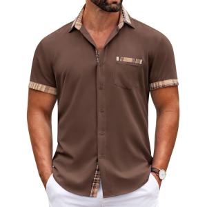 imageCOOFANDY Mens Short Sleeve Button Down Shirts Casual Wrinkle Free Dress Shirt Plaid Collar Summer ShirtsDeep Brown