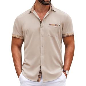imageCOOFANDY Mens Short Sleeve Button Down Shirts Casual Wrinkle Free Dress Shirt Plaid Collar Summer ShirtsKhaki
