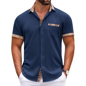 imageCOOFANDY Mens Short Sleeve Button Down Shirts Casual Wrinkle Free Dress Shirt Plaid Collar Summer ShirtsNavy Blue