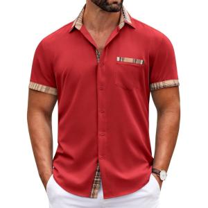 imageCOOFANDY Mens Short Sleeve Button Down Shirts Casual Wrinkle Free Dress Shirt Plaid Collar Summer ShirtsRed