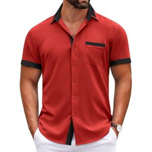 imageCOOFANDY Mens Short Sleeve Button Down Shirts Casual Wrinkle Free Dress Shirt Plaid Collar Summer ShirtsRedblack