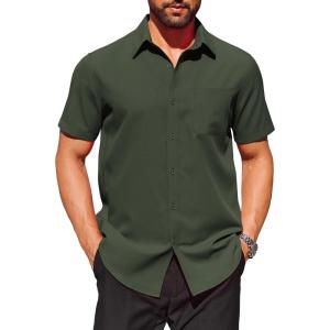 imageCOOFANDY Mens Short Sleeve Button Down Shirts Wrinkle Free Dress Shirts Casual Polka Dot Print Shirt with PocketDark Army Green