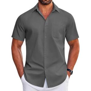 imageCOOFANDY Mens Short Sleeve Button Down Shirts Wrinkle Free Dress Shirts Casual Polka Dot Print Shirt with PocketDark Grey