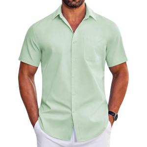 imageCOOFANDY Mens Short Sleeve Button Down Shirts Wrinkle Free Dress Shirts Casual Polka Dot Print Shirt with PocketLight Green