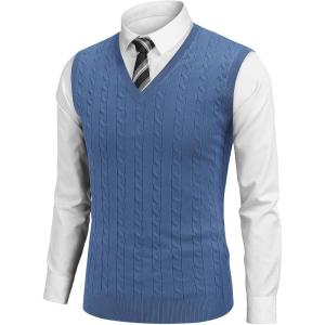 imageCOOFANDY Mens Sweater Vest Cable Knitted V Neck Slim Fit Sleeveless Pullover SweaterBlue