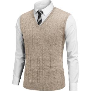imageCOOFANDY Mens Sweater Vest Cable Knitted V Neck Slim Fit Sleeveless Pullover SweaterBrown