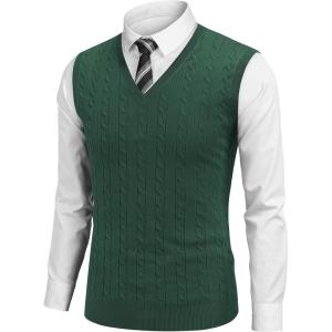imageCOOFANDY Mens Sweater Vest Cable Knitted V Neck Slim Fit Sleeveless Pullover SweaterGreen