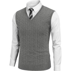 imageCOOFANDY Mens Sweater Vest Cable Knitted V Neck Slim Fit Sleeveless Pullover SweaterGrey
