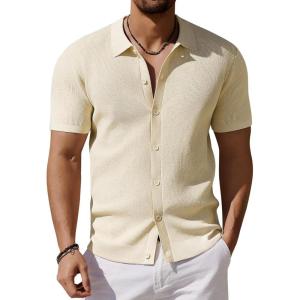 imageCOOFANDY Mens Vintage Knit Shirt Short Sleeve Button Down Polo Shirts for Summer Casual ampamp VacationBeige