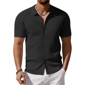 imageCOOFANDY Mens Vintage Knit Shirt Short Sleeve Button Down Polo Shirts for Summer Casual ampamp VacationBlack