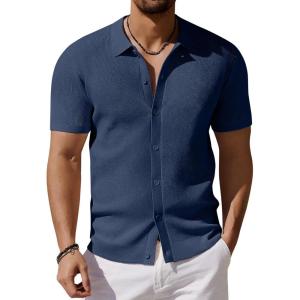 imageCOOFANDY Mens Vintage Knit Shirt Short Sleeve Button Down Polo Shirts for Summer Casual ampamp VacationNavy